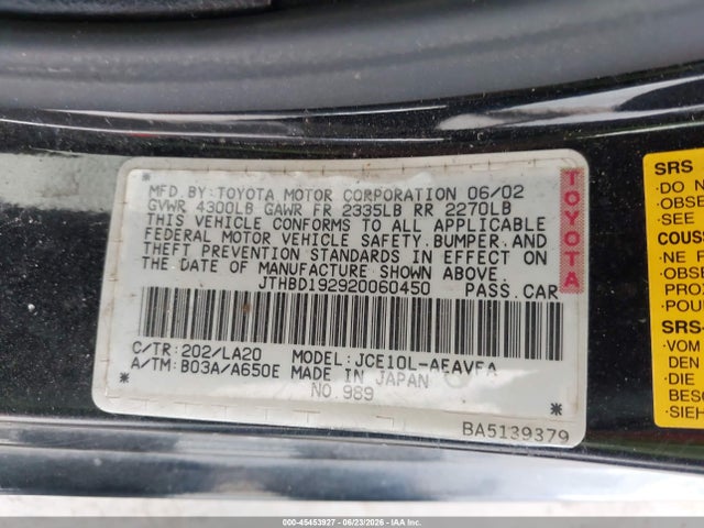 Продажа на аукционе авто 2002 Lexus Is 300, vin: JTHBD192920060450, номер лота: 45453927