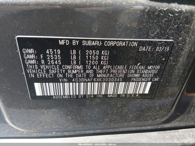 45453931 :رقم المزاد ، 4S3BNAF6XK3030345 vin ، 2019 Subaru Legacy 2.5i Premium مزاد بيع