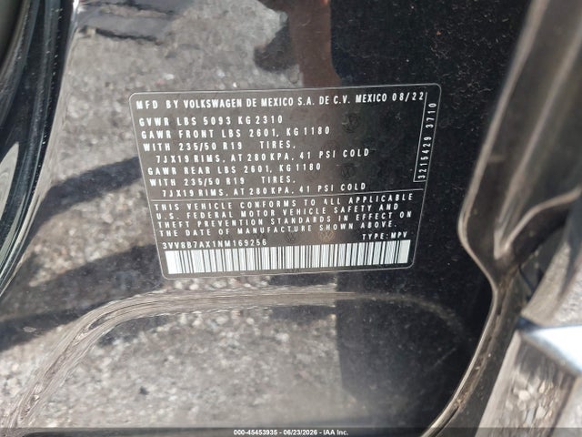 2022 Volkswagen Tiguan 2.0t Se R-line Black მანქანა იყიდება აუქციონზე, vin: 3VV8B7AX1NM169256, აუქციონის ნომერი: 45453935