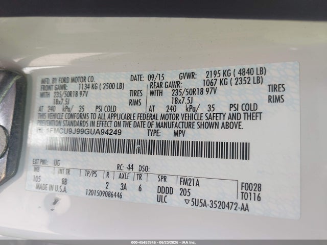 Продажа на аукционе авто 2016 Ford Escape Titanium, vin: 1FMCU9J99GUA94249, номер лота: 45453946