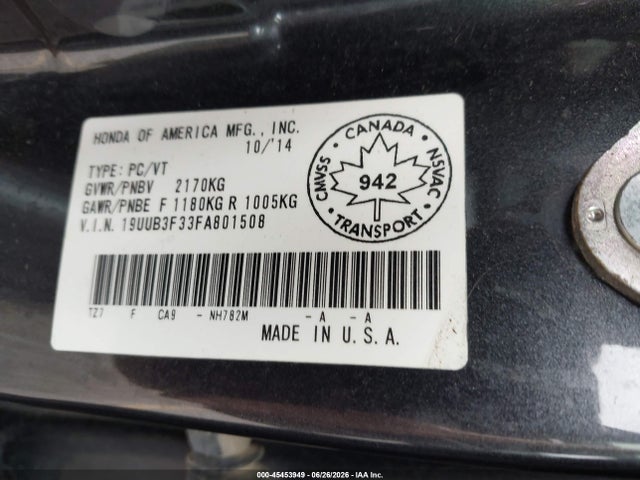 45453949 :رقم المزاد ، 19UUB3F33FA801508 vin ، 2015 Acura Tlx مزاد بيع