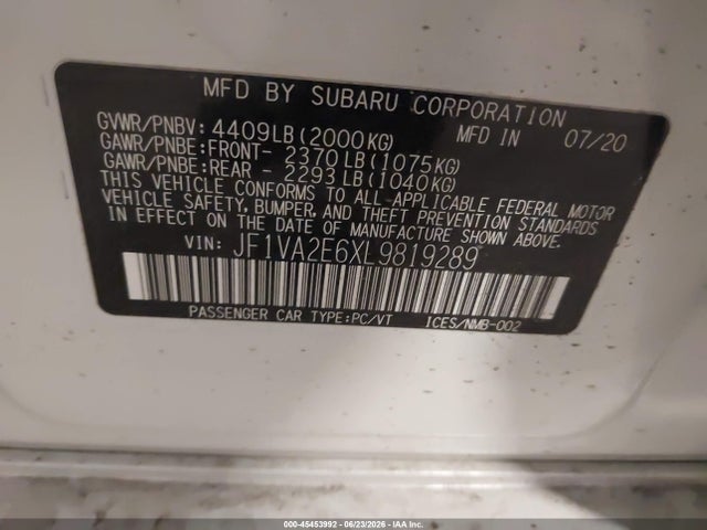 45453992 :رقم المزاد ، JF1VA2E6XL9819289 vin ، 2020 Subaru Wrx Sti مزاد بيع
