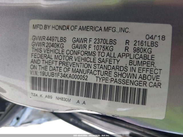45453994 :رقم المزاد ، 19UUB1F34KA000052 vin ، 2019 Acura Tlx Standard مزاد بيع