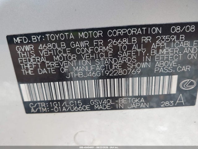 Auction sale of the 2009 Lexus Es 350, vin: JTHBJ46G192280769, lot number: 45454001