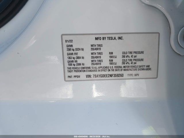 Auction sale of the 2022 Tesla Model Y Long Range Dual Motor All-wheel Drive, vin: 7SAYGDEE2NF359260, lot number: 45454006