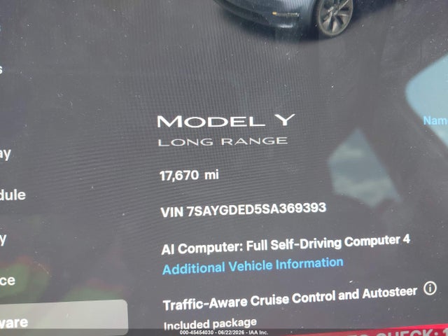 45454030 :رقم المزاد ، 7SAYGDED5SA369393 vin ، 2025 Tesla Model Y Long Range Dual Motor Rear-wheel Drive مزاد بيع