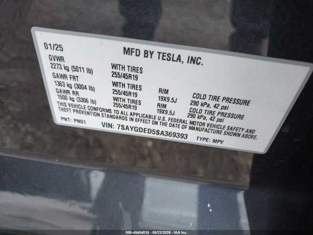 45454030 :رقم المزاد ، 7SAYGDED5SA369393 vin ، 2025 Tesla Model Y Long Range Dual Motor Rear-wheel Drive مزاد بيع