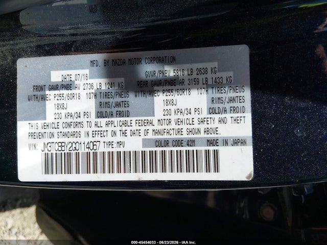 45454033 :رقم المزاد ، JM3TCBBY2G0114067 vin ، 2016 Mazda Cx-9 Sport مزاد بيع