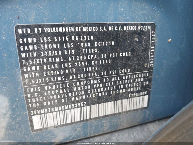 45454040 :رقم المزاد ، 3VVMR7RM0SM053952 vin ، 2025 Volkswagen Tiguan 2.0t Se مزاد بيع
