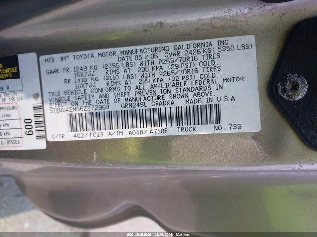 45454046 :رقم المزاد ، 5TEUU42N66Z272969 vin ، 2006 Toyota Tacoma Base V6 مزاد بيع