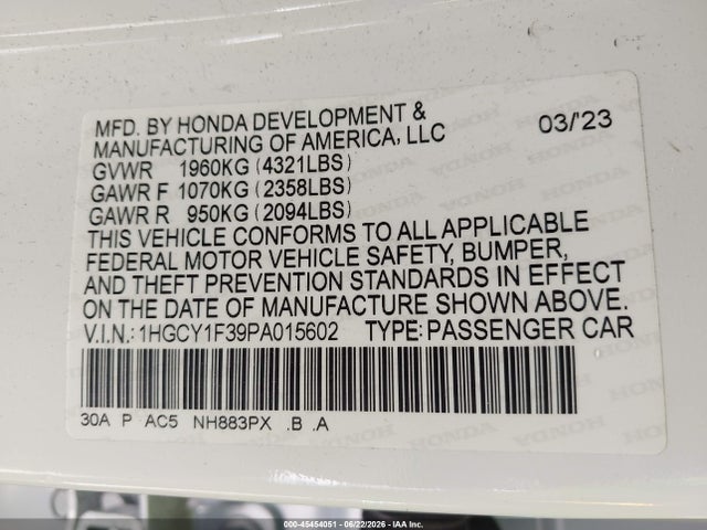 1HGCY1F39PA015602 Honda ACCORD EX
