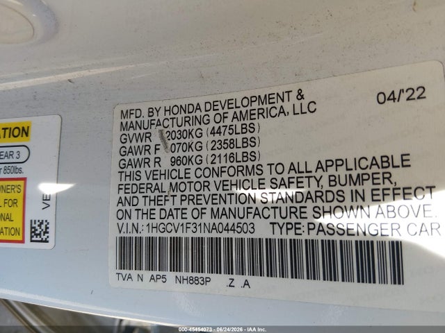 Honda Accord Sport 2022 1HGCV1F31NA044503 Image 9