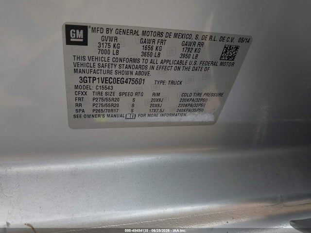 Aukcja sprzedaży 2014 Gmc Sierra 1500 Slt, vin: 3GTP1VEC0EG475601, numer aukcji: 45454135