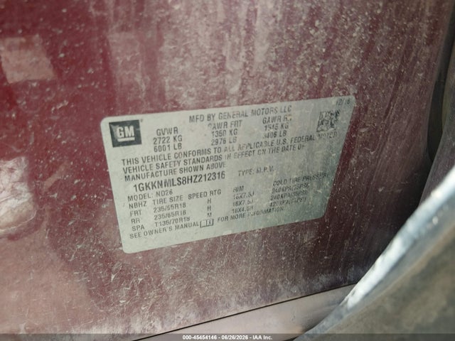 45454146 :رقم المزاد ، 1GKKNMLS8HZ212316 vin ، 2017 Gmc Acadia Slt-1 مزاد بيع