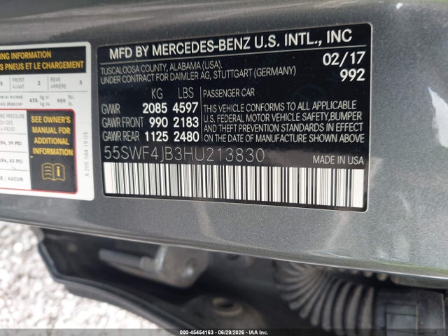Auction sale of the 2017 Mercedes-benz C 300, vin: 55SWF4JB3HU213830, lot number: 45454163