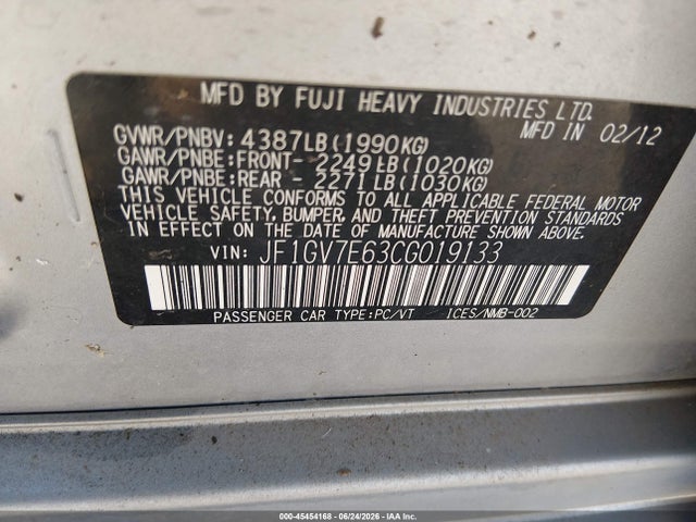 Aukcja sprzedaży 2012 Subaru Impreza Wrx, vin: JF1GV7E63CG019133, numer aukcji: 45454168