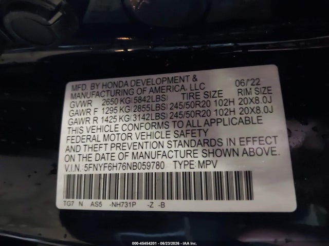 Honda Pilot Awd Black Edition 2022 5FNYF6H76NB059780 Image 9