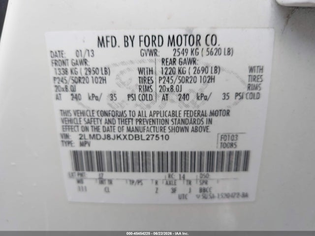 Aukcja sprzedaży 2013 Lincoln Mkx, vin: 2LMDJ8JKXDBL27510, numer aukcji: 45454225