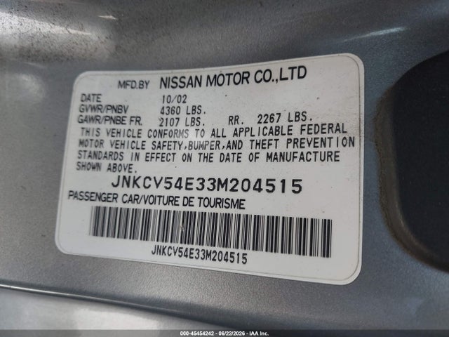 Продаж на аукціоні авто 2003 Infiniti G35 Base W/leather, vin: JNKCV54E33M204515, номер лоту: 45454242