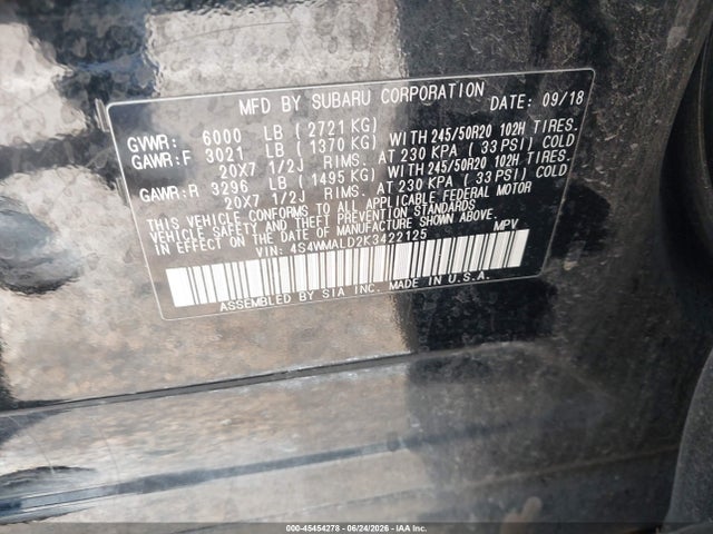 2019 Subaru Ascent Limited მანქანა იყიდება აუქციონზე, vin: 4S4WMALD2K3422125, აუქციონის ნომერი: 45454278