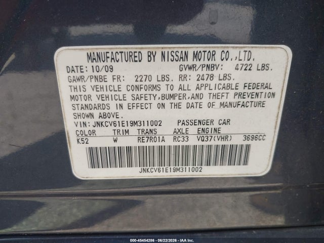 45454286 :رقم المزاد ، JNKCV61E19M311002 vin ، 2009 Infiniti G37 Journey مزاد بيع