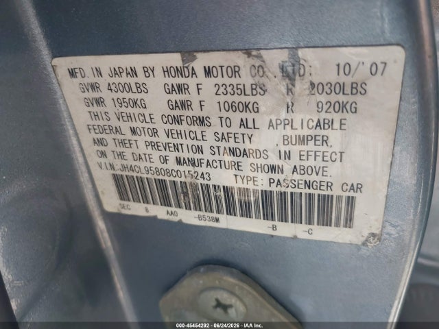 2008 Acura Tsx მანქანა იყიდება აუქციონზე, vin: JH4CL95808C015243, აუქციონის ნომერი: 45454292