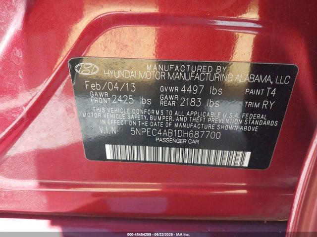 45454299 :رقم المزاد ، 5NPEC4AB1DH687700 vin ، 2013 Hyundai Sonata Se 2.0t مزاد بيع