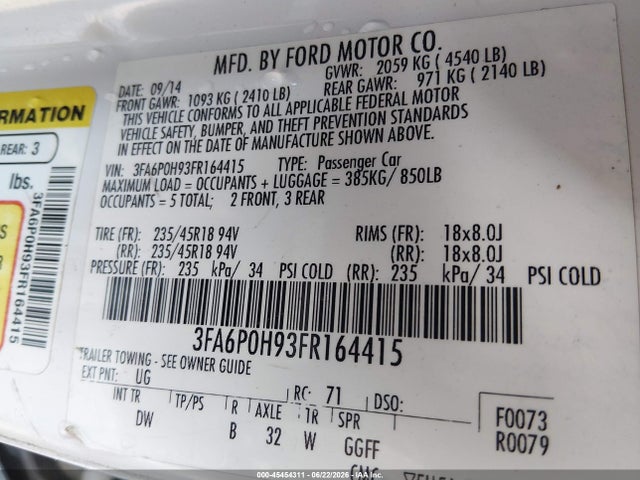 Ford FUSION SE 2015 3FA6P0H93FR164415 Image 9