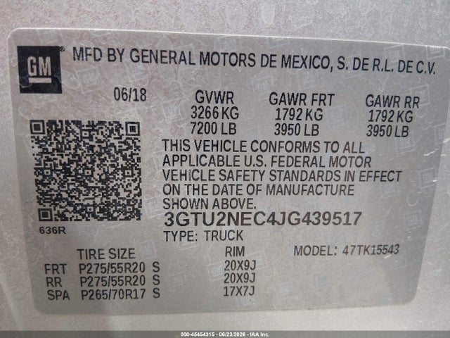 Aukcja sprzedaży 2018 Gmc Sierra 1500 Slt, vin: 3GTU2NEC4JG439517, numer aukcji: 45454315