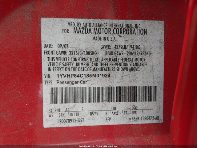 2008 Mazda Mazda6 I Sport Ve მანქანა იყიდება აუქციონზე, vin: 1YVHP84C185M01924, აუქციონის ნომერი: 45454333