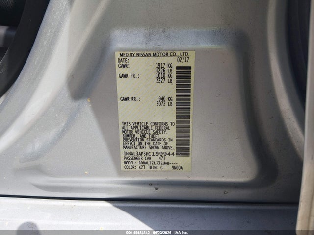 Auction sale of the 2017 Nissan Altima 2.5 Sv, vin: 1N4AL3AP5HC199944, lot number: 45454342