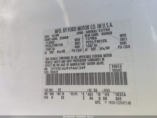 Aukcja sprzedaży 2001 Ford Ranger Edge/xl/xlt, vin: 1FTYR14U91PA61349, numer aukcji: 45454350