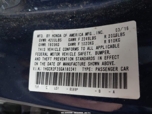 Aukcja sprzedaży 2016 Honda Accord Lx, vin: 1HGCR2F35GA180341, numer aukcji: 45454390