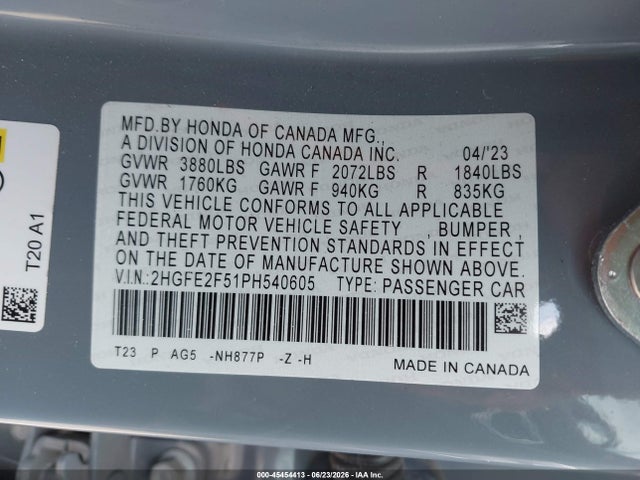 2023 Honda Civic Sport მანქანა იყიდება აუქციონზე, vin: 2HGFE2F51PH540605, აუქციონის ნომერი: 45454413