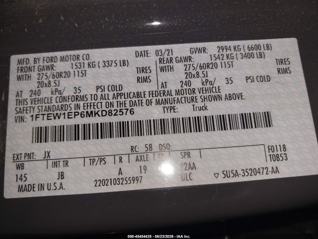 Продажа на аукционе авто 2021 Ford F-150 Xl, vin: 1FTEW1EP6MKD82576, номер лота: 45454425