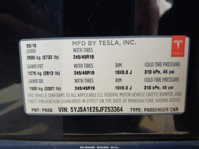 Aukcja sprzedaży 2018 Tesla Model S 100d/75d/p100d, vin: 5YJSA1E26JF253364, numer aukcji: 45454460
