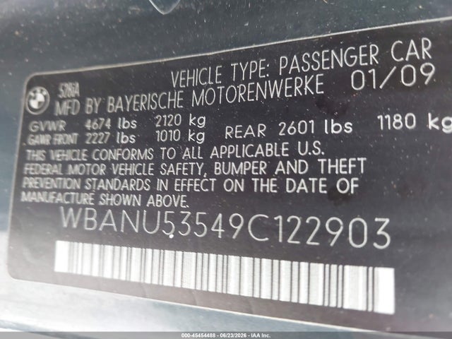 Продаж на аукціоні авто 2009 Bmw 528i, vin: WBANU53549C122903, номер лоту: 45454488