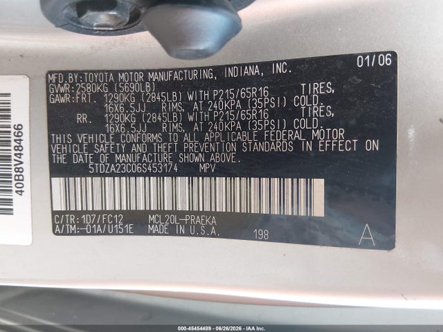 45454489 :رقم المزاد ، 5TDZA23C06S453174 vin ، 2006 Toyota Sienna Le مزاد بيع