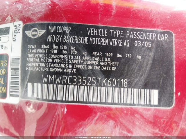 45454493 :رقم المزاد ، WMWRC33525TK60118 vin ، 2005 Mini Cooper مزاد بيع