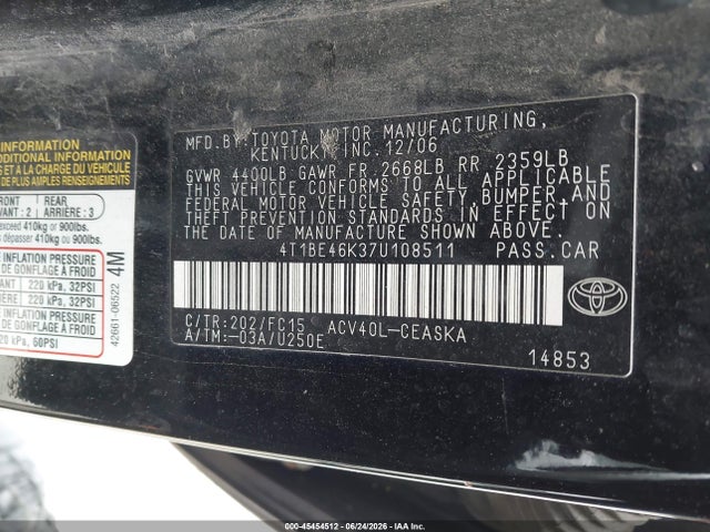 2007 Toyota Camry Se მანქანა იყიდება აუქციონზე, vin: 4T1BE46K37U108511, აუქციონის ნომერი: 45454512