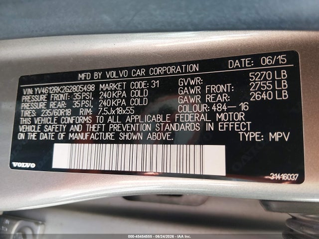 Aukcja sprzedaży 2016 Volvo Xc60 T5 Premier, vin: YV4612RK2G2805498, numer aukcji: 45454555