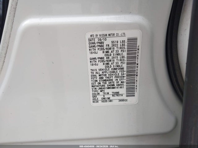 45454558 :رقم المزاد ، JN8AS1MW0BM141461 vin ، 2011 Infiniti Fx35 مزاد بيع