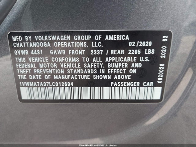 Продажа на аукционе авто 2020 Volkswagen Passat 2.0t R-line, vin: 1VWMA7A37LC012694, номер лота: 45454569