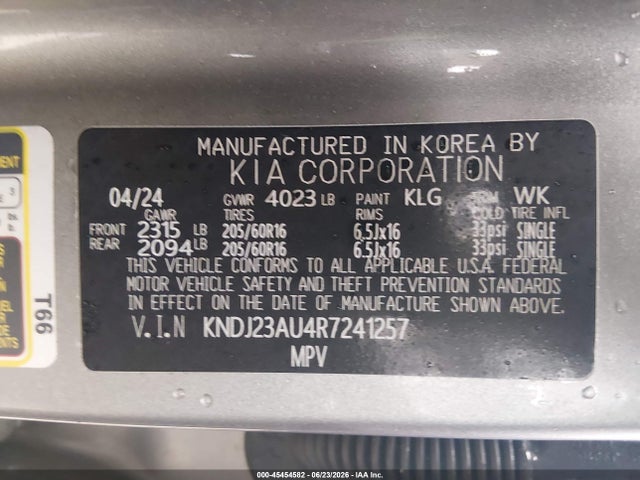 Продажа на аукционе авто 2024 Kia Soul Lx, vin: KNDJ23AU4R7241257, номер лота: 45454582