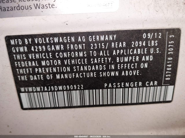 2013 Volkswagen Golf 2.0l Tdi 4-door მანქანა იყიდება აუქციონზე, vin: WVWDM7AJ9DW090922, აუქციონის ნომერი: 45454587
