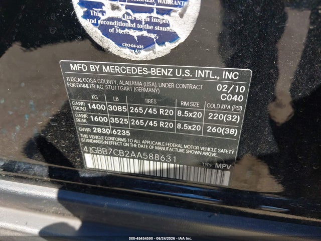 Продажа на аукционе авто 2010 Mercedes-benz Ml 550 4matic, vin: 4JGBB7CB2AA588631, номер лота: 45454590