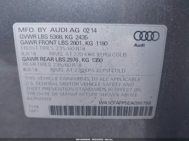 Auction sale of the 2014 Audi Q5 2.0t Premium, vin: WA1CFAFP5EA096788, lot number: 45454636