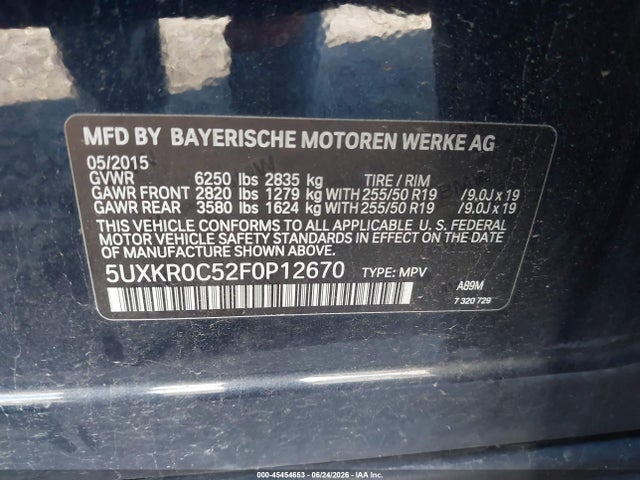 45454653 :رقم المزاد ، 5UXKR0C52F0P12670 vin ، 2015 Bmw X5 Xdrive35i مزاد بيع