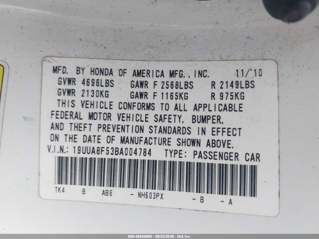 45454660 :رقم المزاد ، 19UUA8F53BA004784 vin ، 2011 Acura Tl 3.5 مزاد بيع