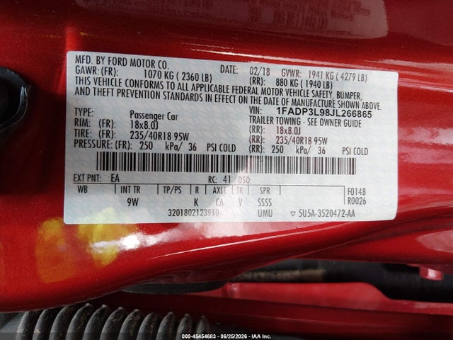 45454683 :رقم المزاد ، 1FADP3L98JL266865 vin ، 2018 Ford Focus St مزاد بيع